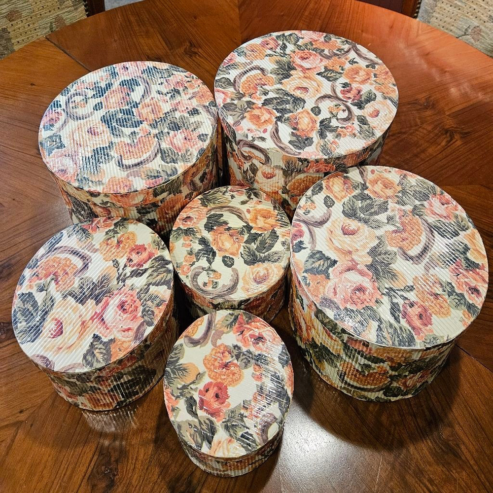 Vintage set of 6 nesting boxes roses corrugated sturdy unused condition